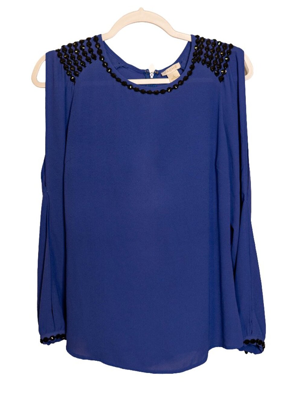 Cache Blue and Black Lightweight Cold-Shoulder Blouse - Small
